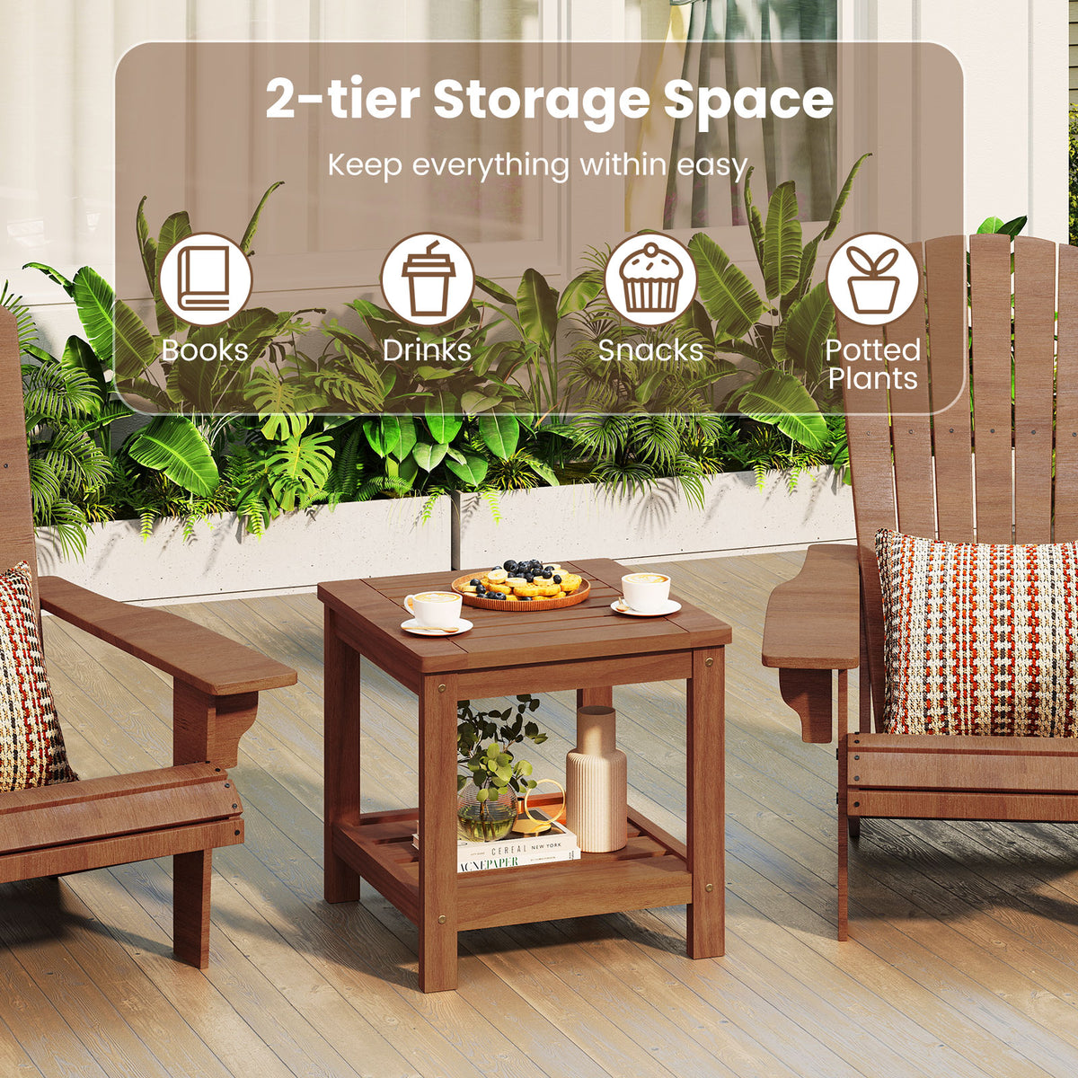 18" Solid Wood Outdoor Side Table with Storage Shelf