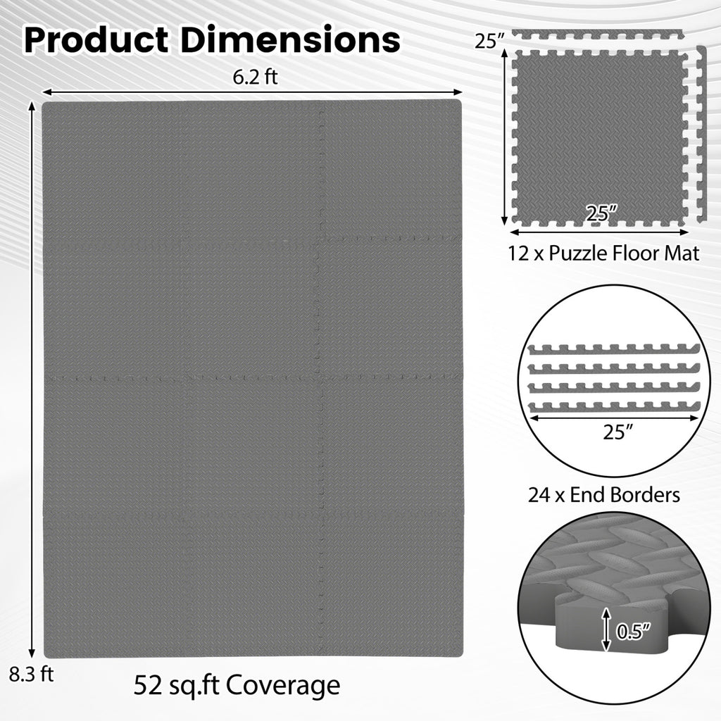 12 Tiles Puzzle Exercise Floor Mats - Gray Interlocking Gym Tiles for Safety