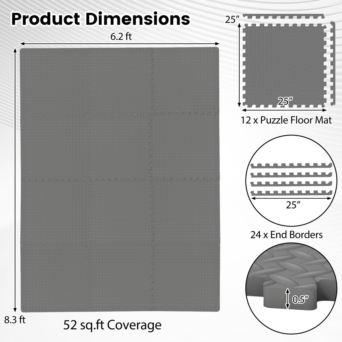 12 Tiles Puzzle Exercise Floor Mats - Gray Interlocking Gym Tiles for Safety