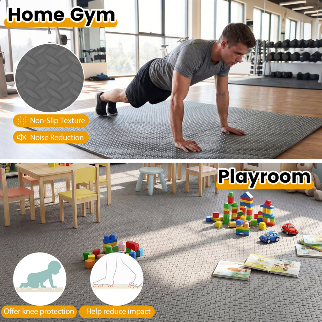 12 Tiles Puzzle Exercise Floor Mats - Gray Interlocking Gym Tiles for Safety