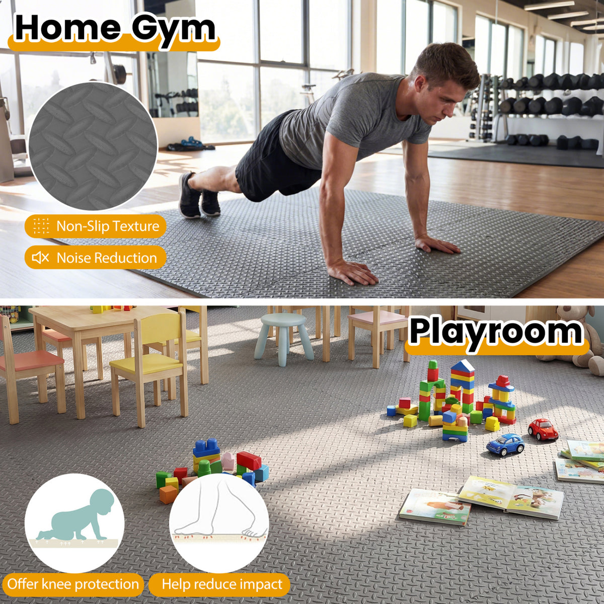 12 Tiles Puzzle Exercise Floor Mats - Gray Interlocking Gym Tiles for Safety