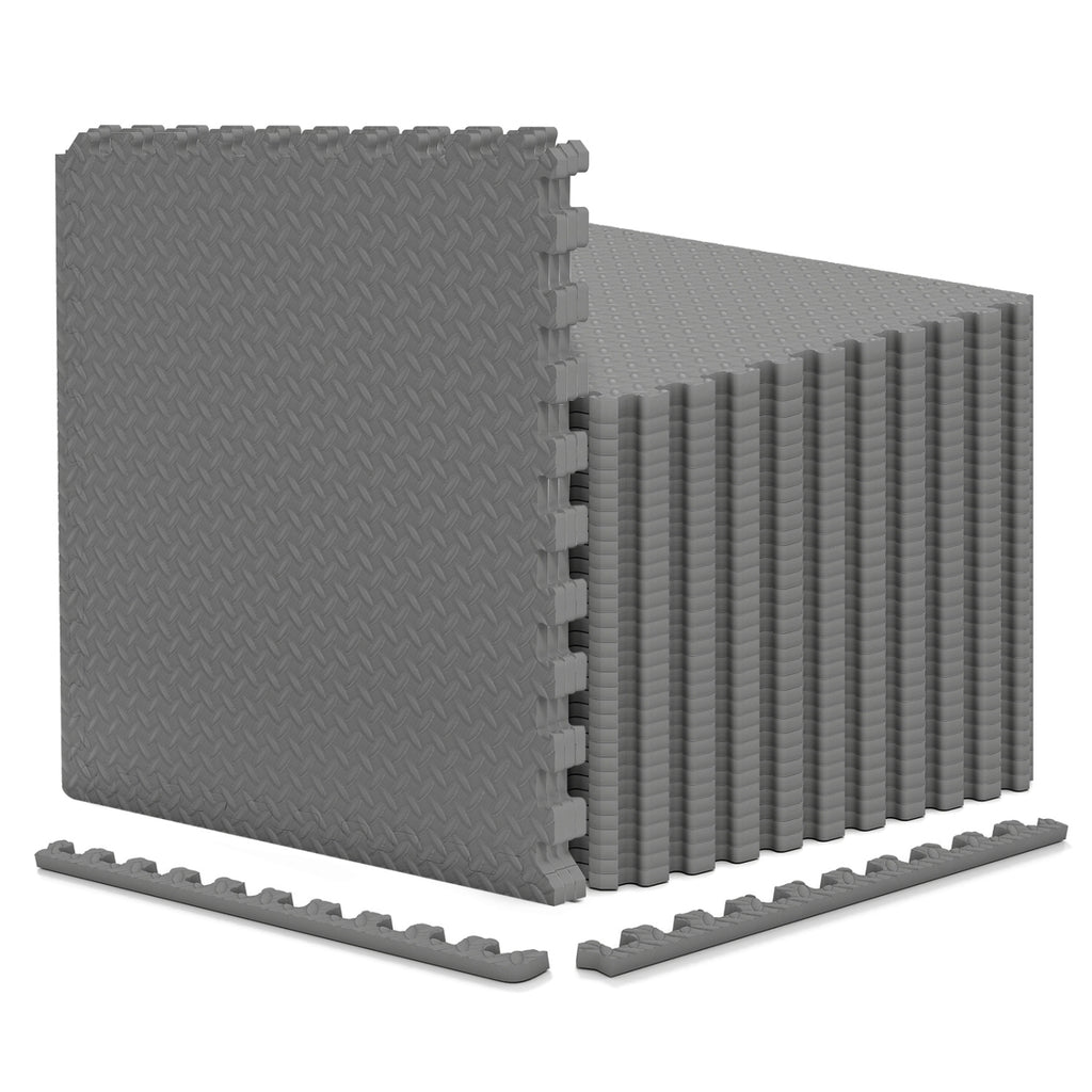 12 Tiles Puzzle Exercise Floor Mats - Gray Interlocking Gym Tiles for Safety