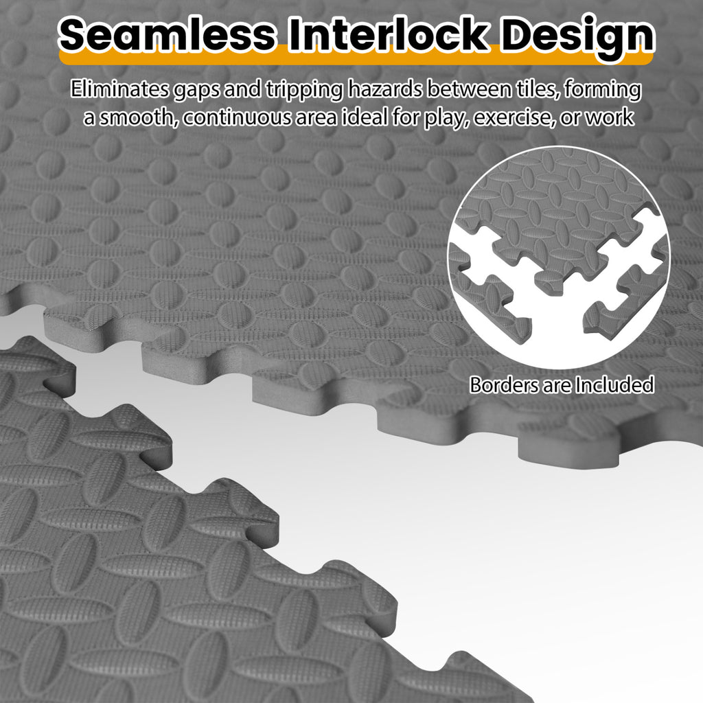 12 Tiles Puzzle Exercise Floor Mats - Gray Interlocking Gym Tiles for Safety