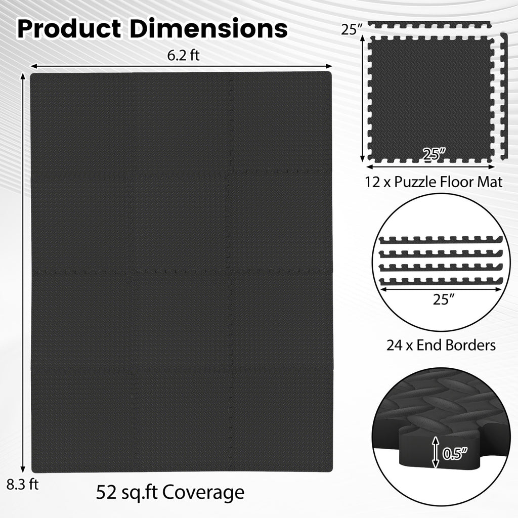 12Tiles Puzzle Exercise Floor Mats - Black Interlocking EVA Foam Tiles for Safety