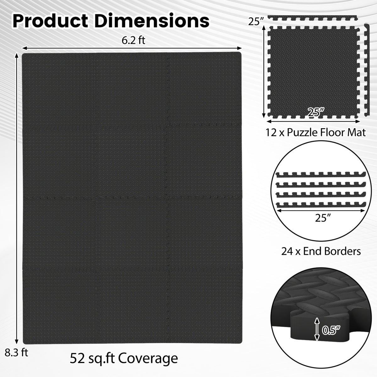 12Tiles Puzzle Exercise Floor Mats - Black Interlocking EVA Foam Tiles for Safety