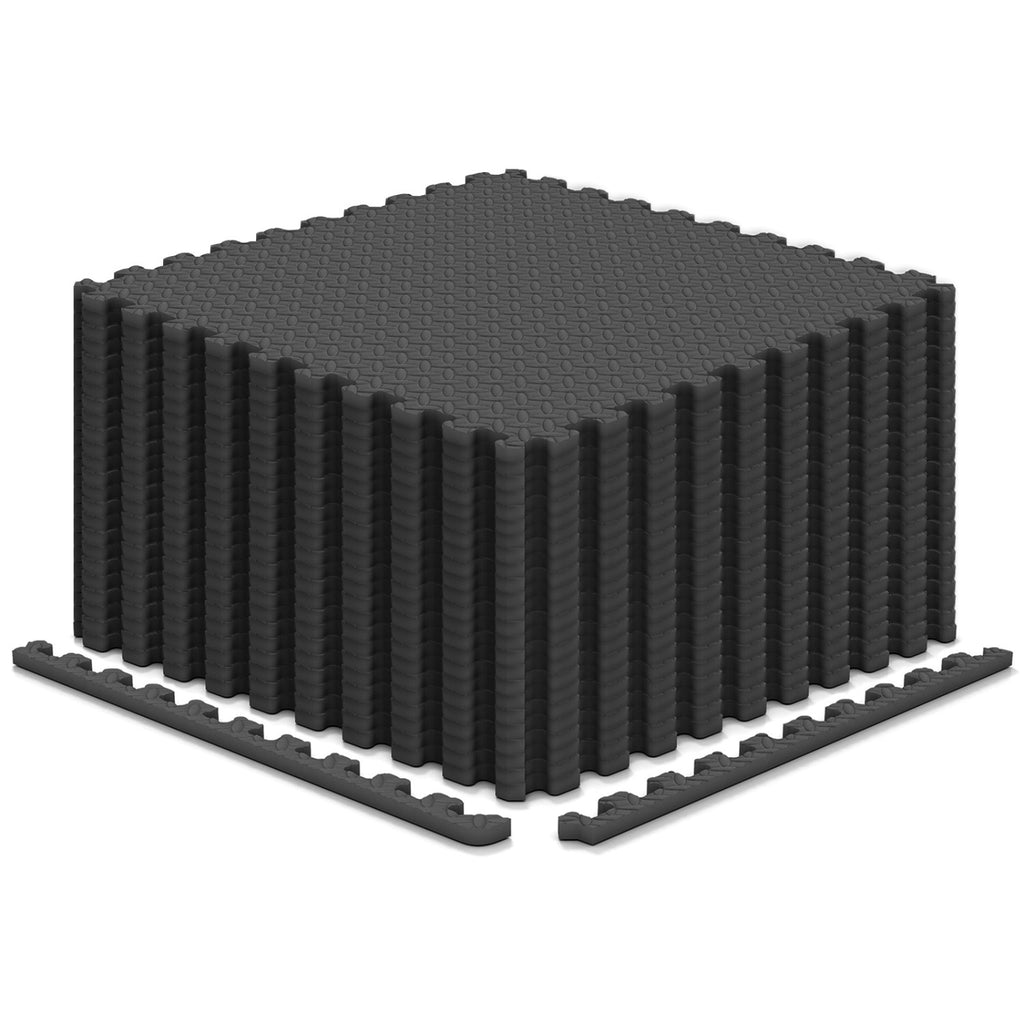 12Tiles Puzzle Exercise Floor Mats - Black Interlocking EVA Foam Tiles for Safety