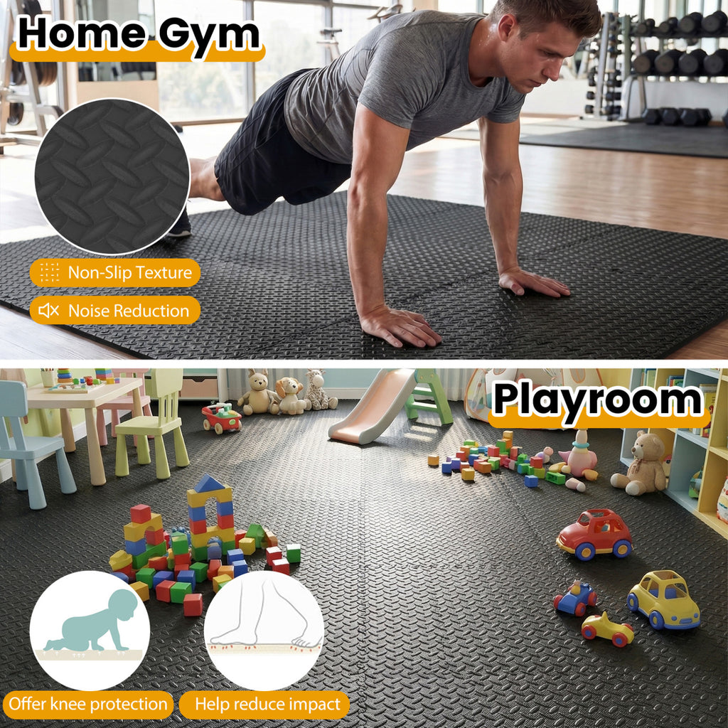 12Tiles Puzzle Exercise Floor Mats - Black Interlocking EVA Foam Tiles for Safety