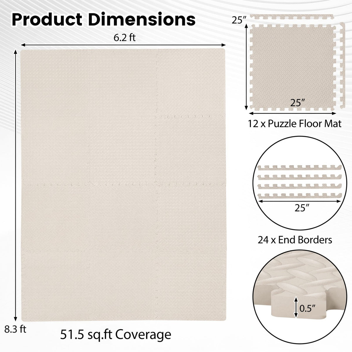 12 Tiles Puzzle Exercise Floor Mats - 1/2 Inch Interlocking EVA Workout Tiles, Beige, 12 Pieces