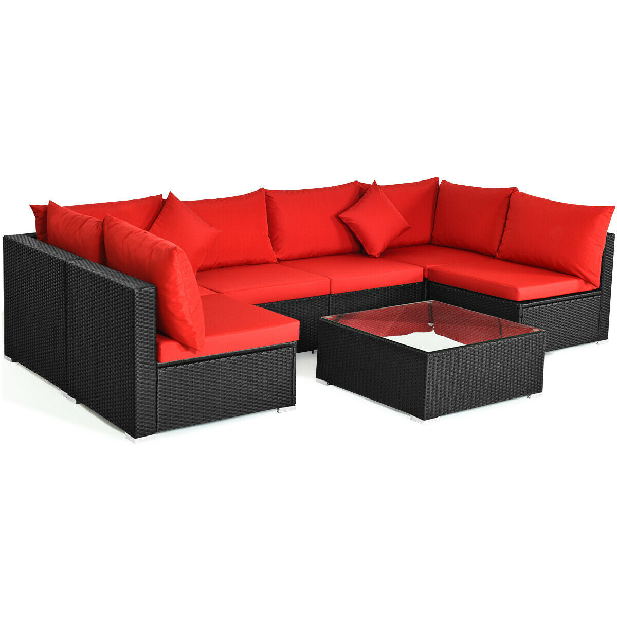 7-Piece Sectional Wicker Sofa Set with Coffee Table - Black Rattan, Red