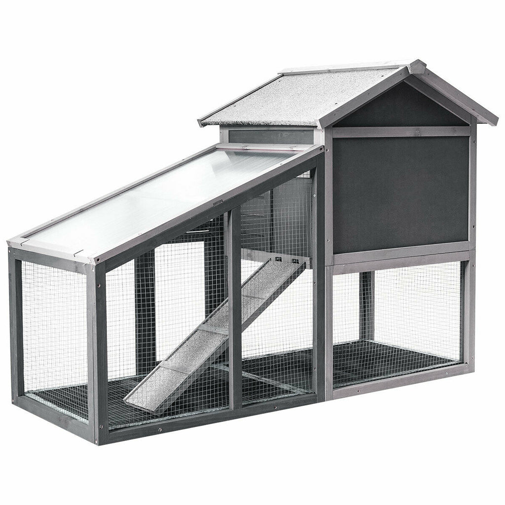 Wooden Rabbit Hutch with Pull-Out Tray and Ramp - 56.5 Inch Long Animal Cage