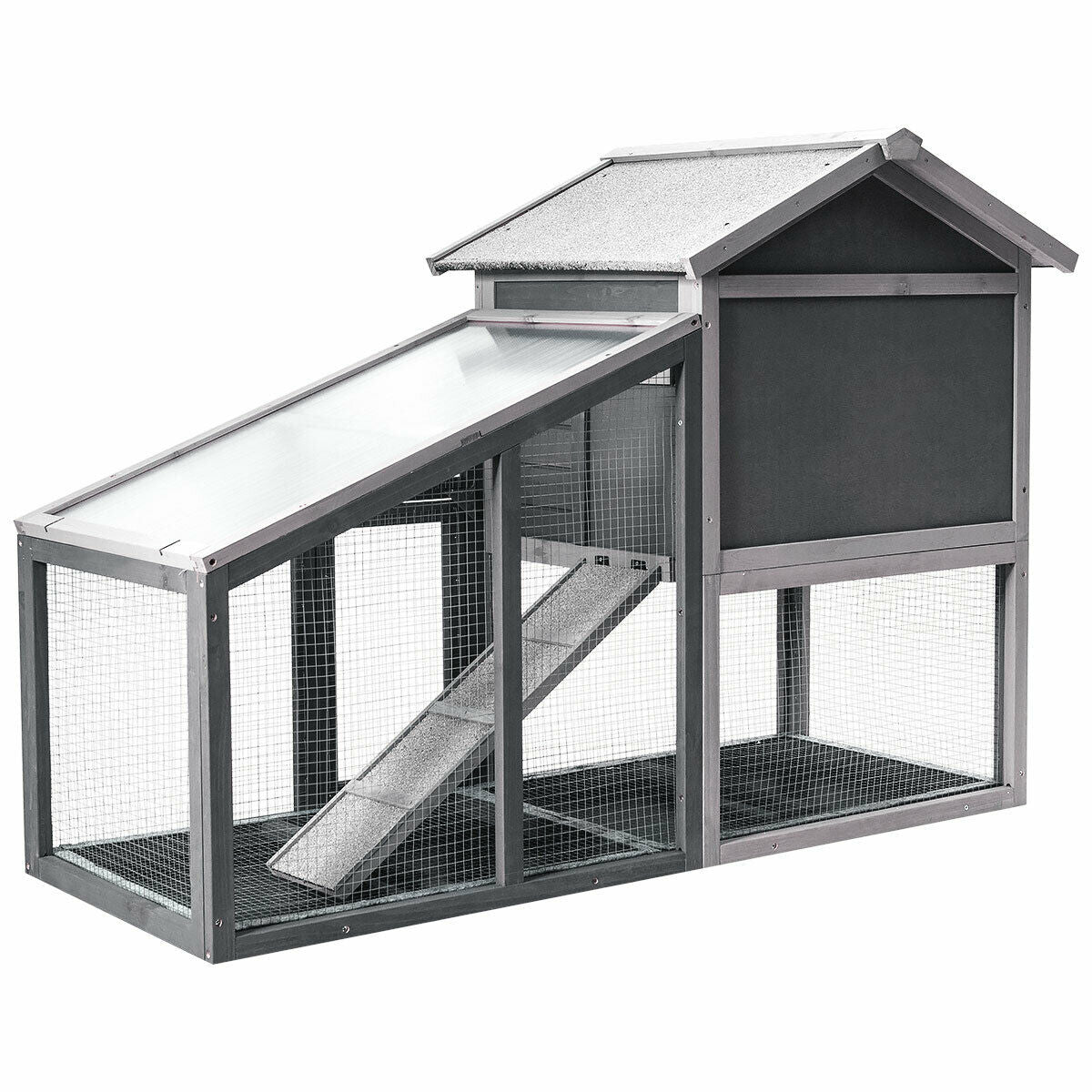 Wooden Rabbit Hutch with Pull-Out Tray and Ramp - 56.5 Inch Long Animal Cage
