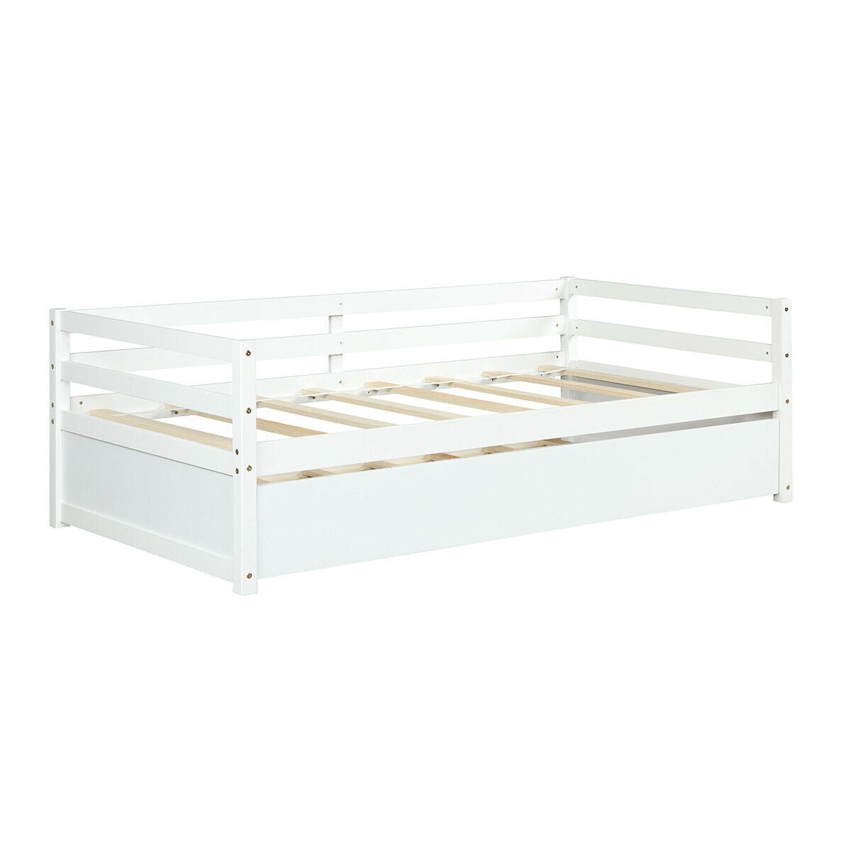 Twin Size Trundle Bed Frame with Wood Slat Support - White