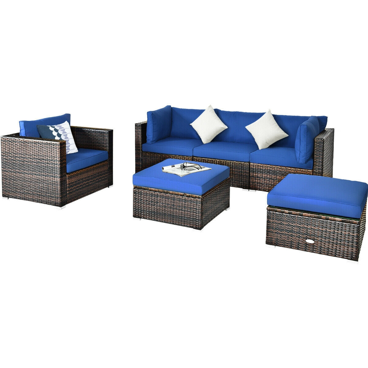 6-Piece Patio Rattan Sectional Set with Cushions - Blue