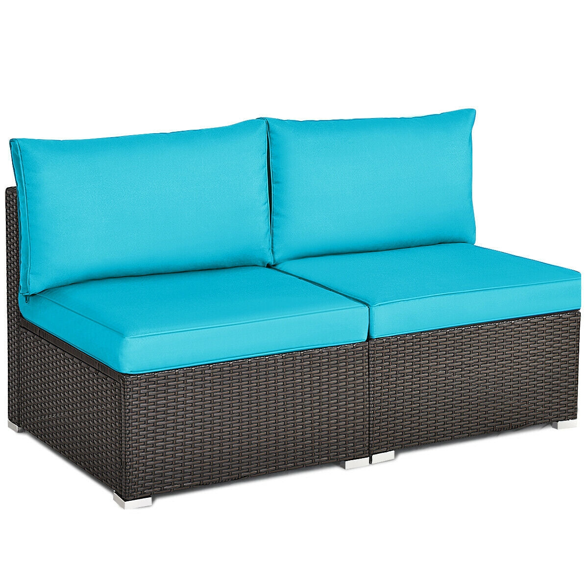2 Pieces Patio Rattan Armless Sofa Set with Cushions and Pillows