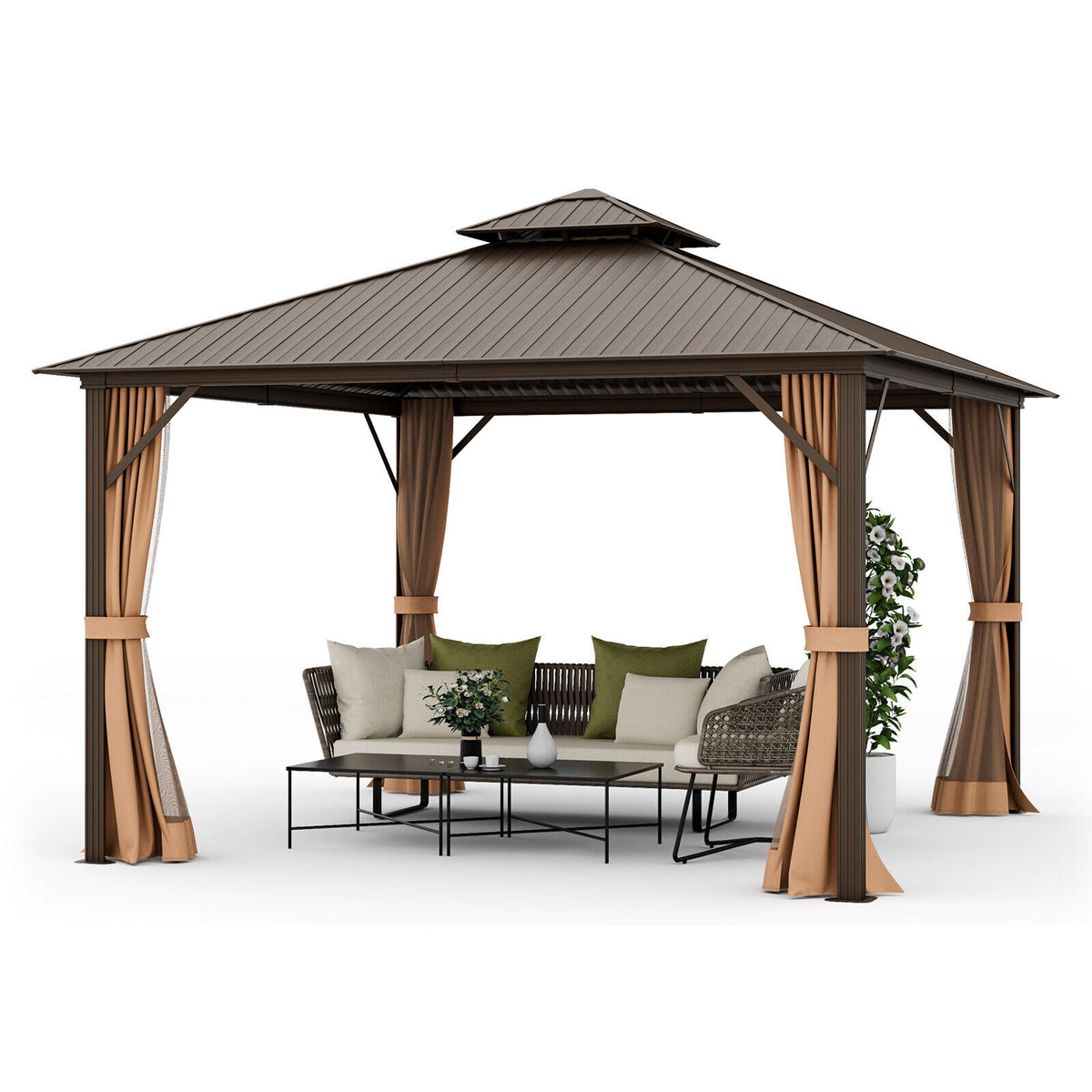 12 x Feet Double-Roof Patio Hardtop Gazebo with Galvanized Steel Roof