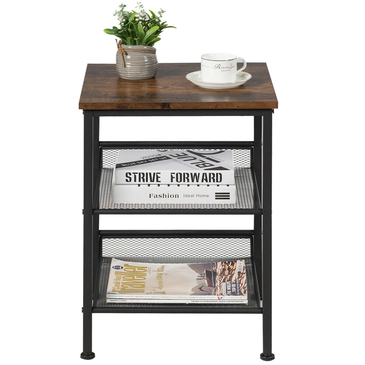 3-Tier Industrial End Table with Mesh Shelves - Adjustable