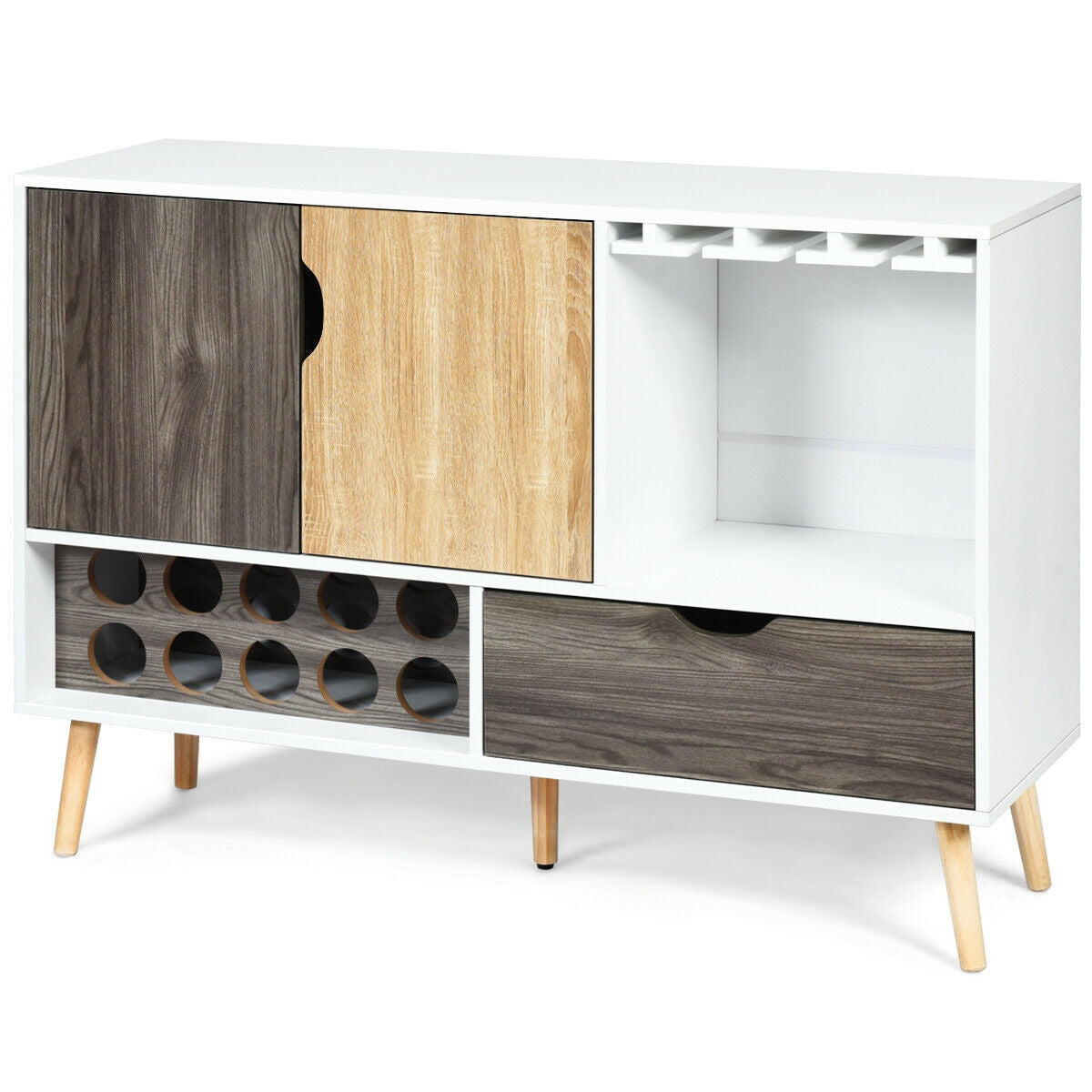 Mid-Century Sideboard with Wine Rack - Wooden Storage Cabinet