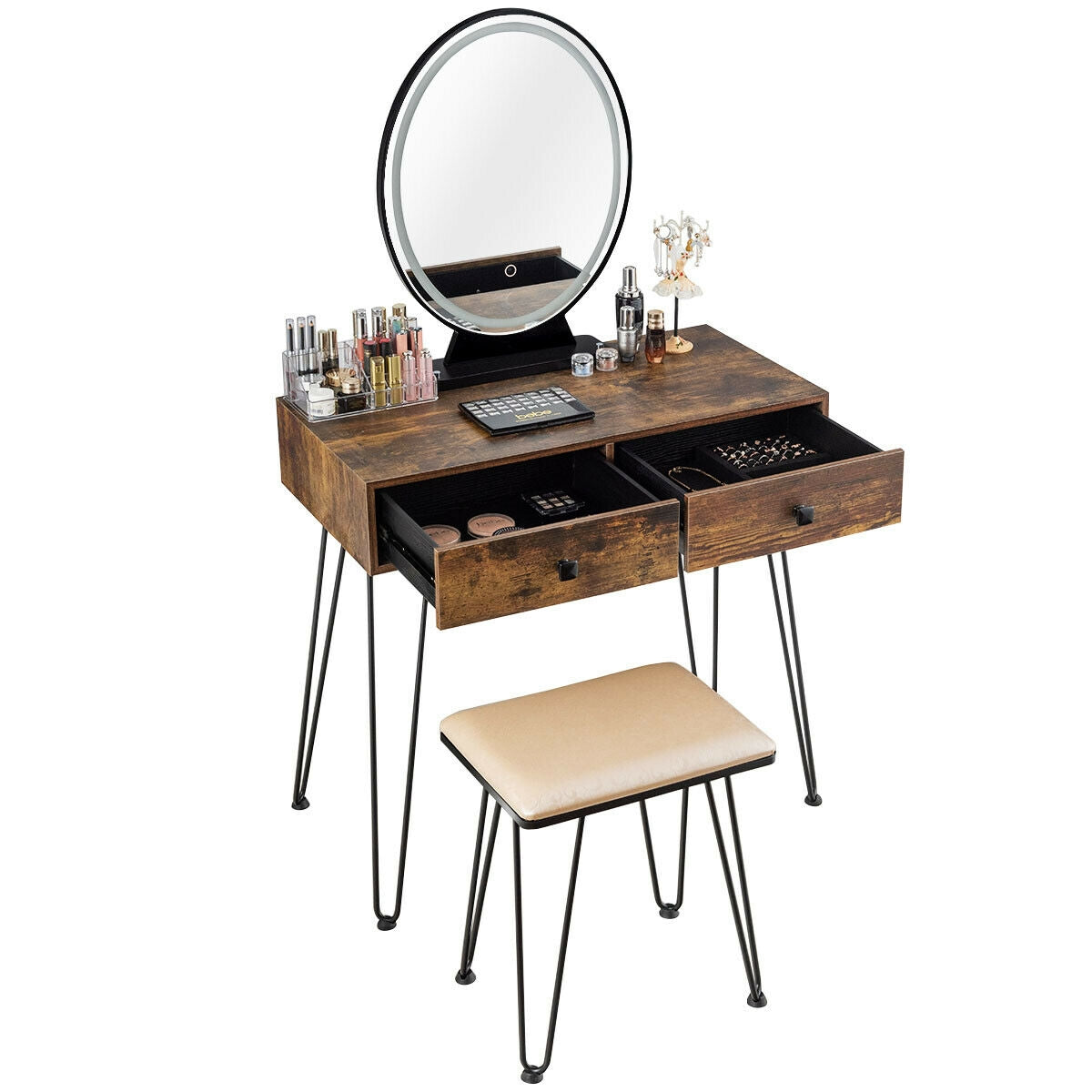 Makeup Dressing Table with LED Lighting - Rustic Brown