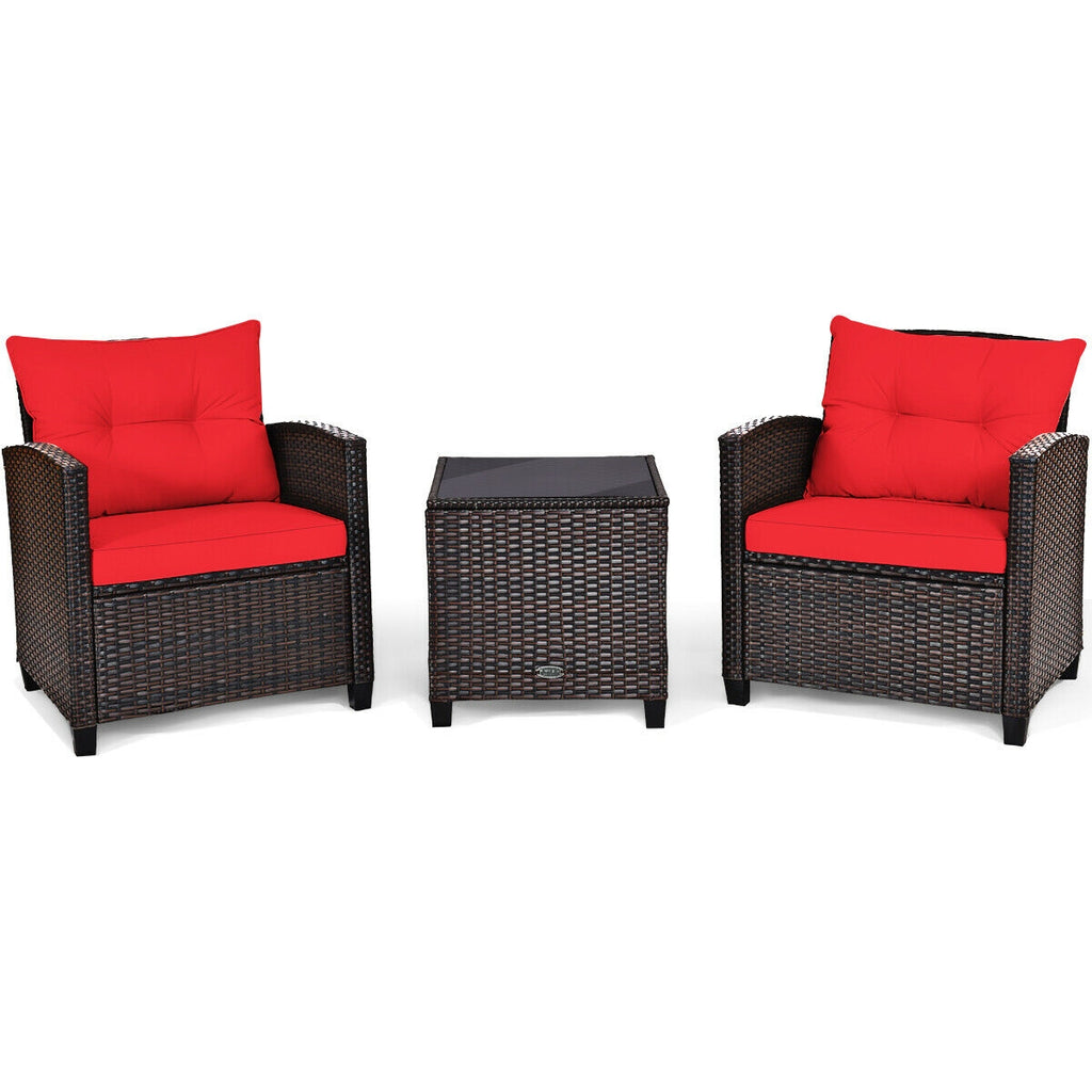 3-Piece Rattan Patio Furniture Set, Brown Rattan, Red Cushions