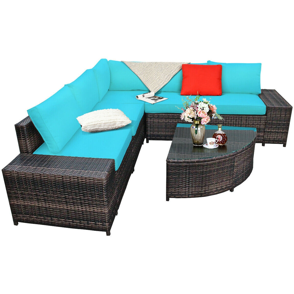6 Piece Wicker Patio Sectional Sofa Set with Tempered Glass Coffee