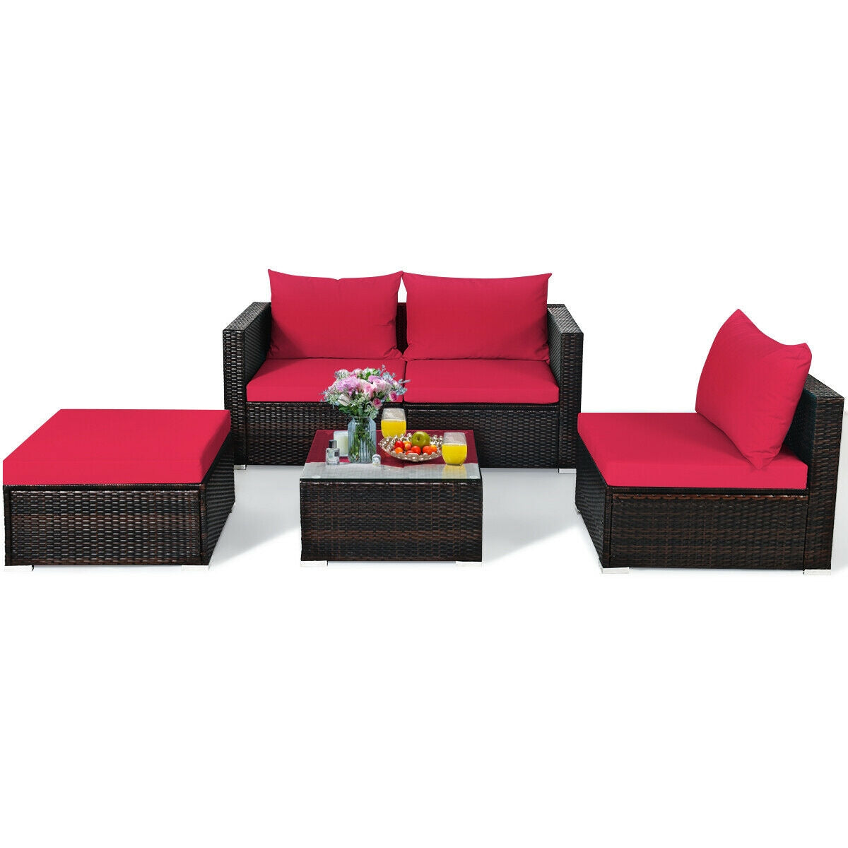 5 Pieces Patio Rattan Sectional Furniture Set with Cushions and