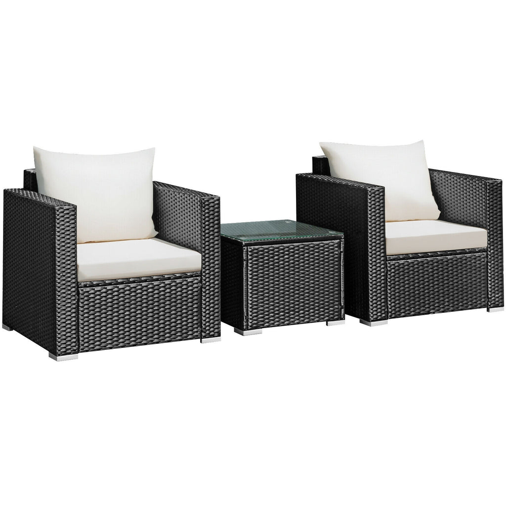 3-Piece Patio Wicker Conversation Set with Cushions - White