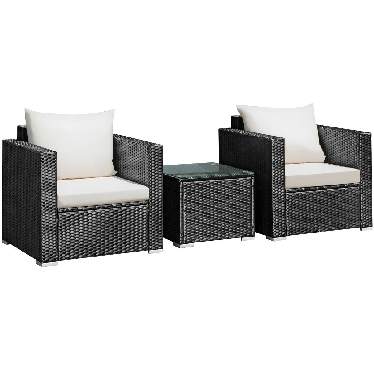 3-Piece Patio Wicker Conversation Set with Cushions - White