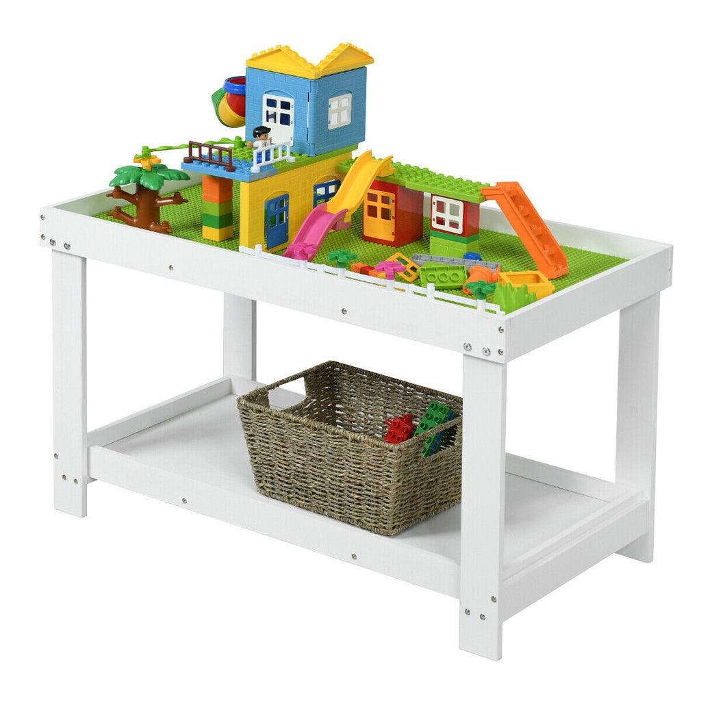 Kids Building Brick Play Table - White, Multifunctional Wooden Activity Table for Children