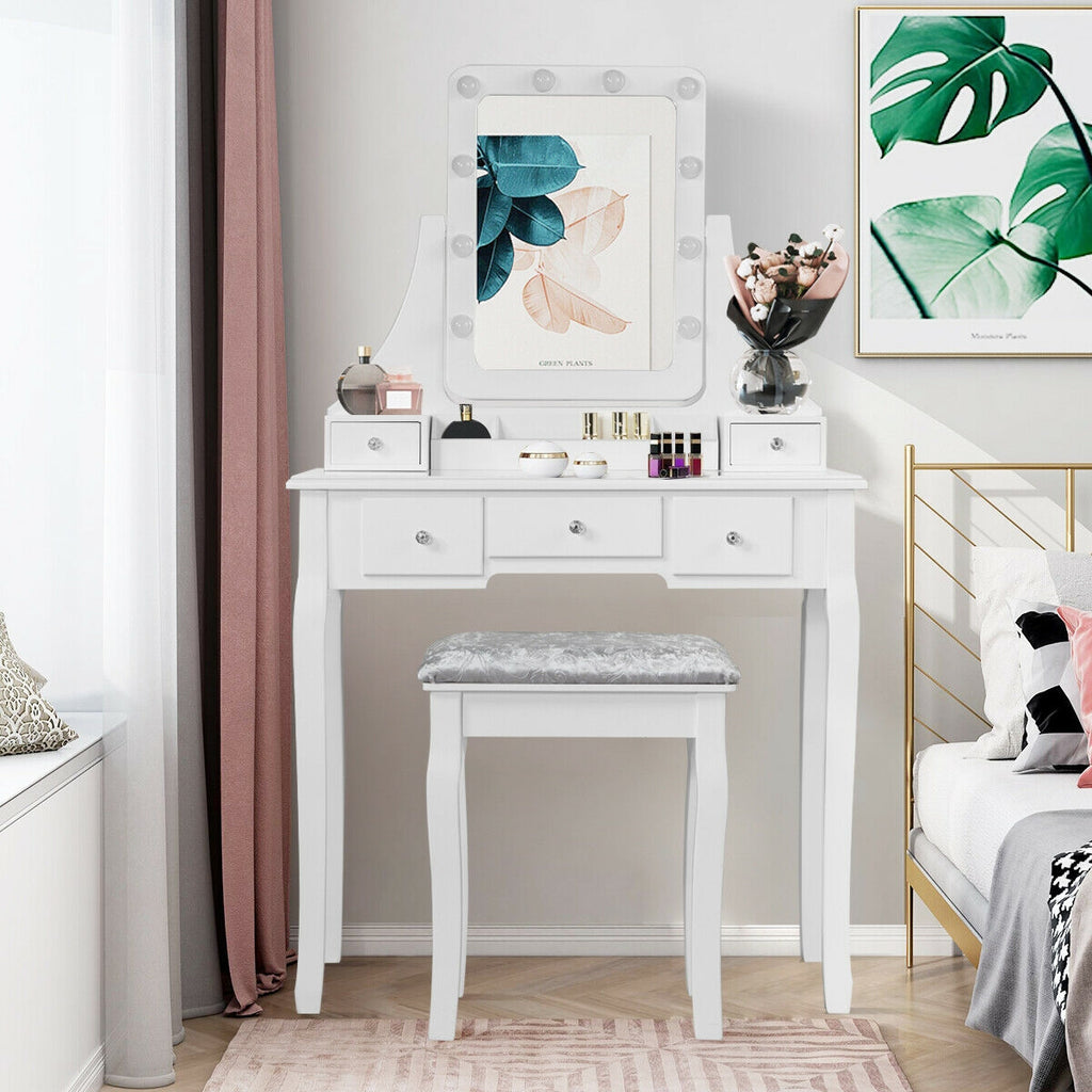 Dressing Table with 10 Dimmable Bulbs and Cushioned Stool, White