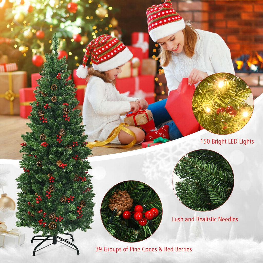 Pre-lit Hinged Pencil Christmas Tree with Pine Cones & Red Berries - 4.5 Feet