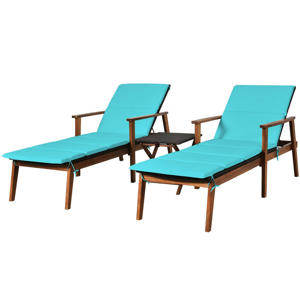 3 Pieces Portable Patio Cushioned Rattan Lounge Chair Set with