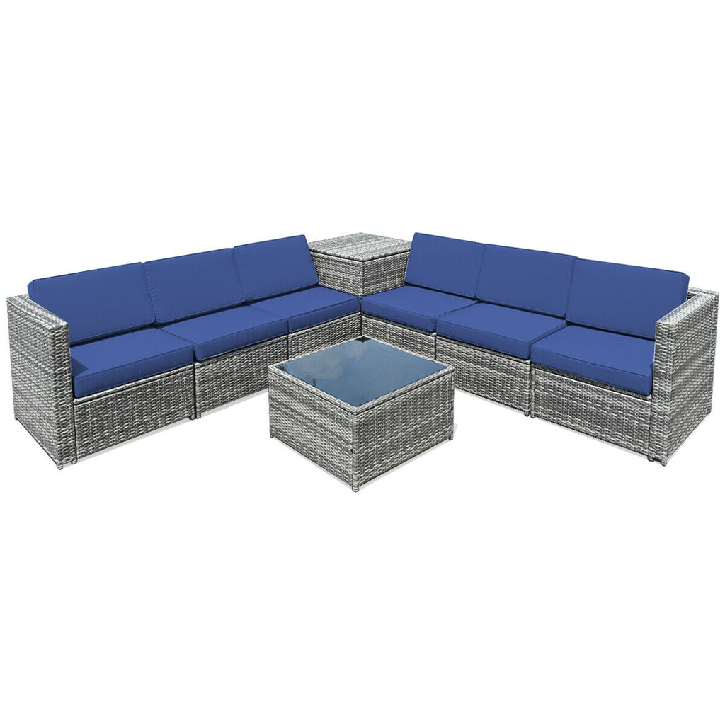8-Piece Rattan Sofa Set with Storage Table - Gray Navy