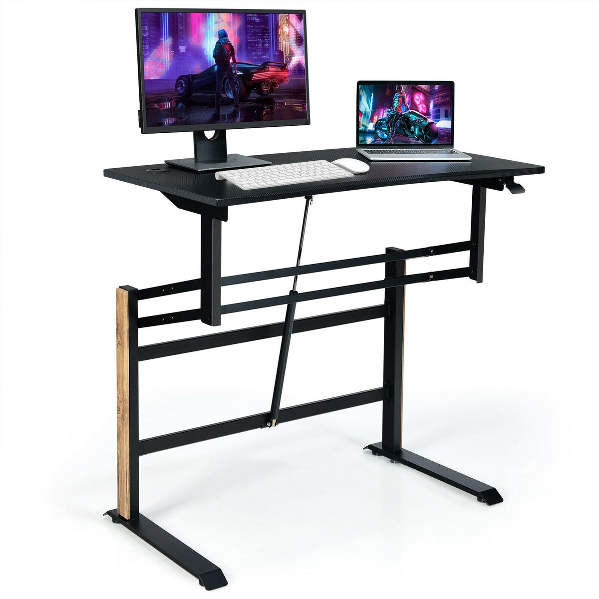 Pneumatic Height Adjustable Gaming Desk T Shaped - Black