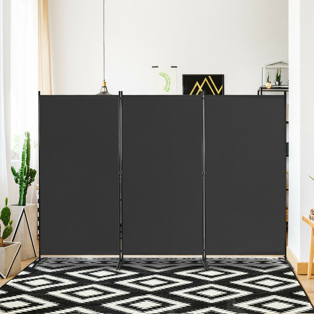 3 Panel Room Divider No Wheels Black - Foldable Privacy Screen with Steel Frame