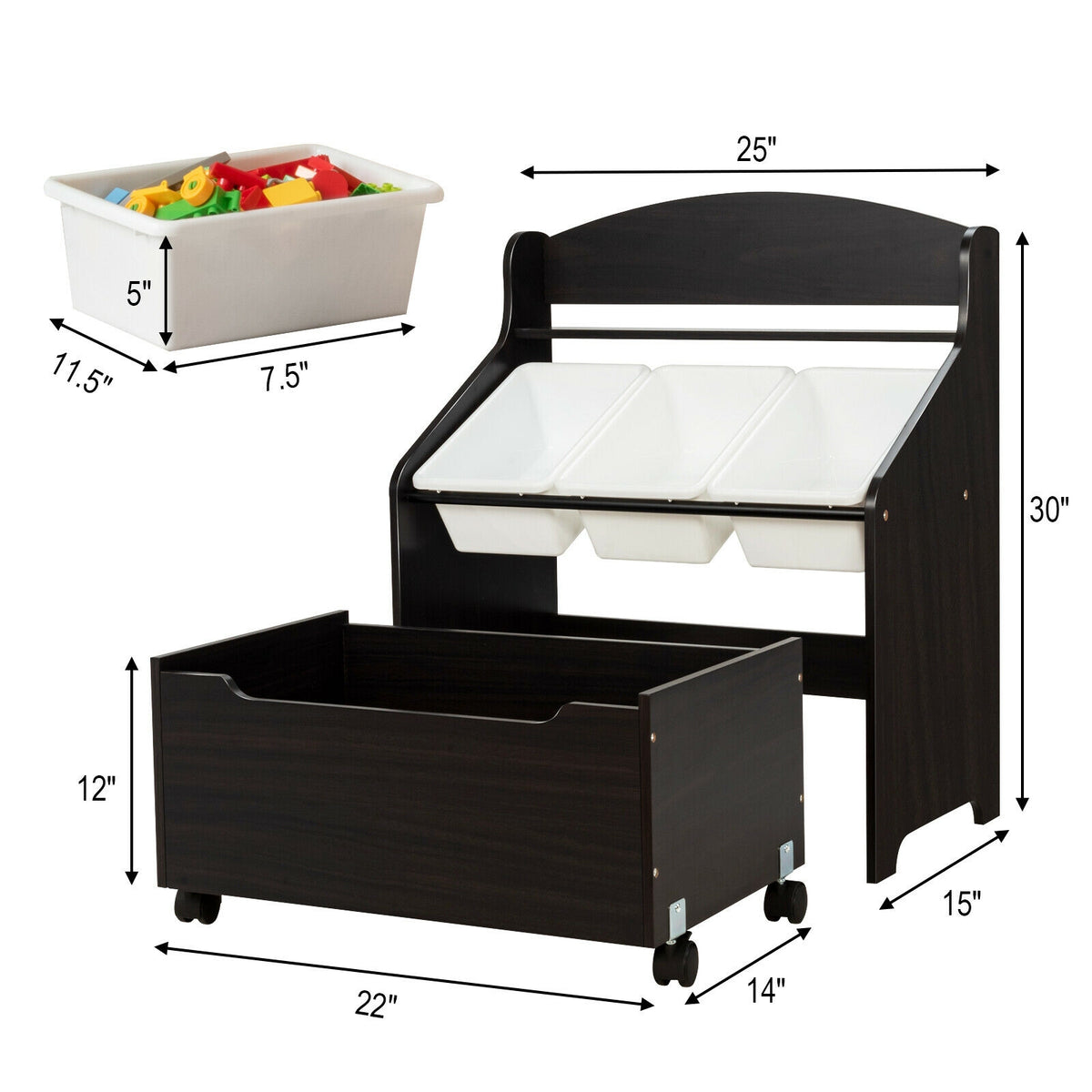 Kids Toy Storage Organizer with Rolling Toy Box and Plastic Bins - Dark Brown