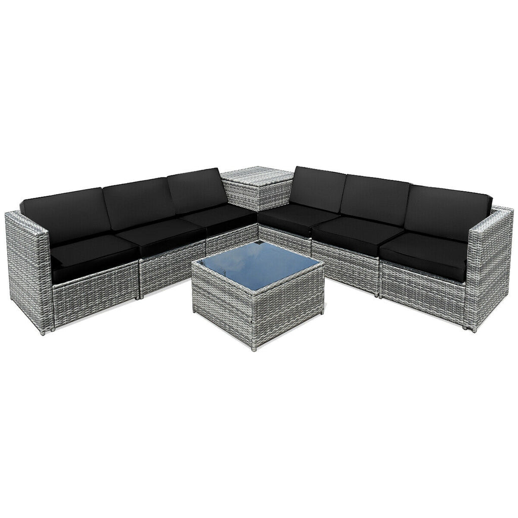 8-Piece Rattan Sofa Set with Storage Table - Gray Rattan, Black