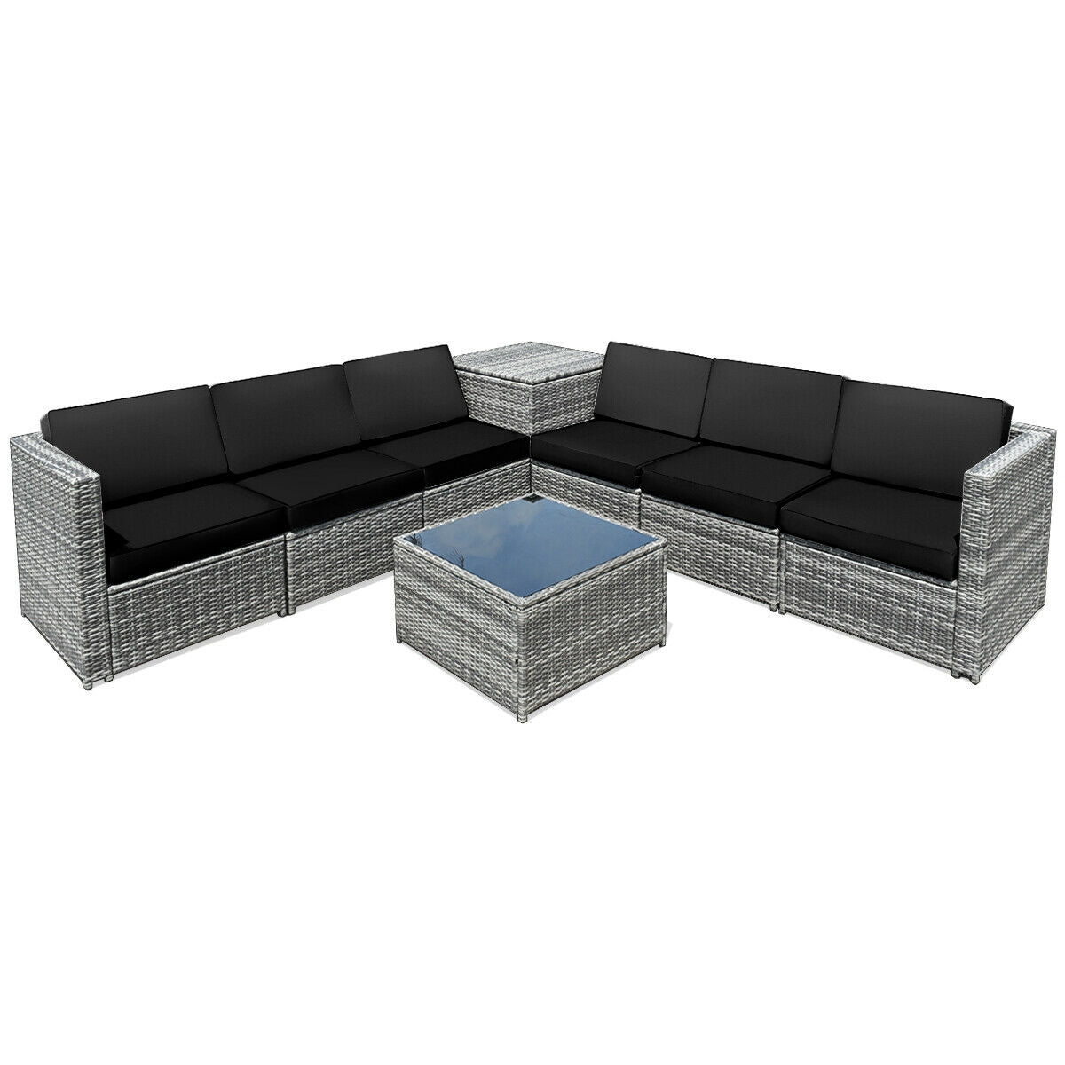 8-Piece Rattan Sofa Set with Storage Table - Gray Rattan, Black
