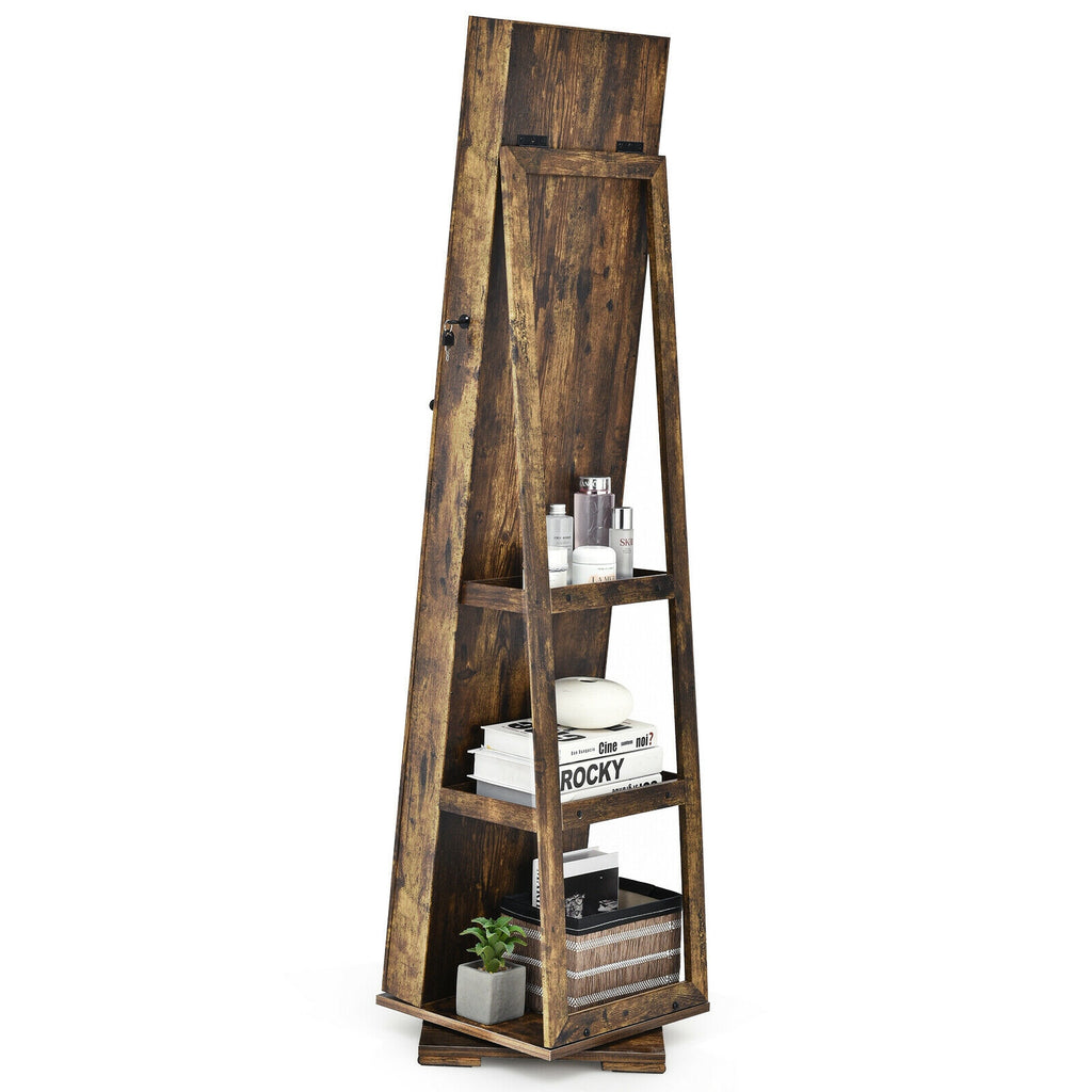 360° Rotatable Jewelry Cabinet with Mirror - Rustic Brown, 3 Shelves
