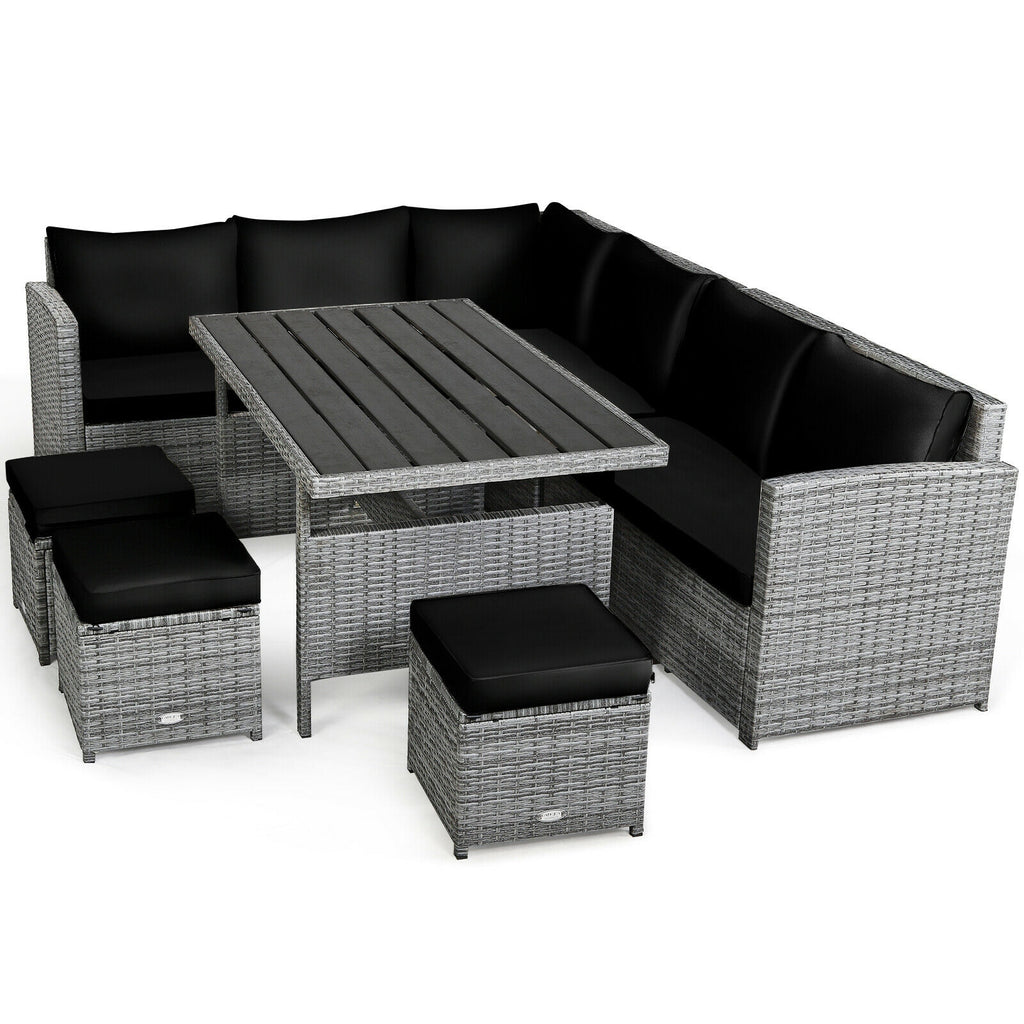 7-Piece Outdoor Wicker Sectional Sofa Set with Dining Table - Black