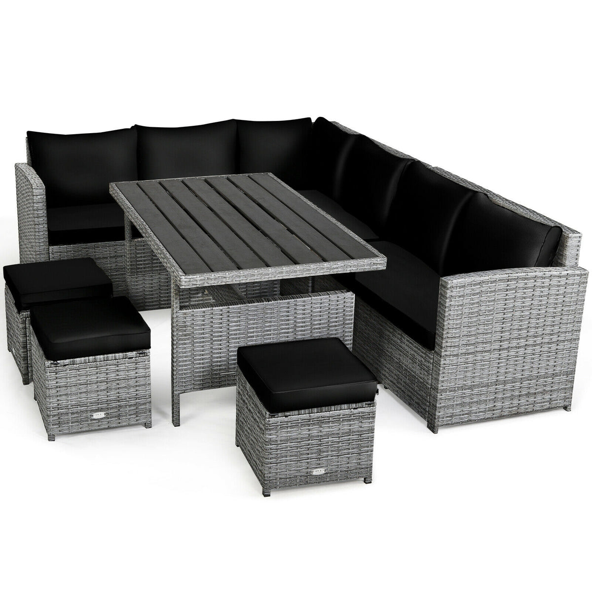 7-Piece Outdoor Wicker Sectional Sofa Set with Dining Table - Black