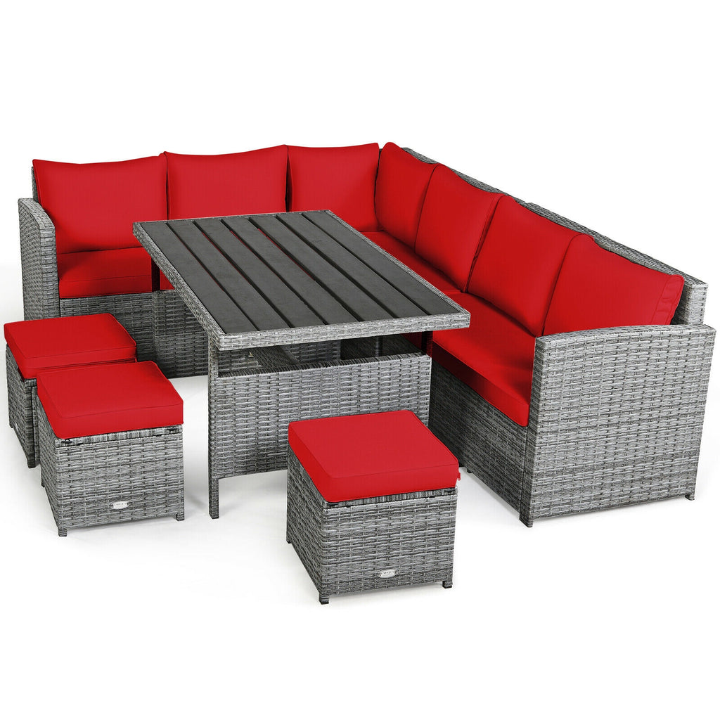 7-Piece Outdoor Wicker Sectional Sofa Set with Dining Table - Red
