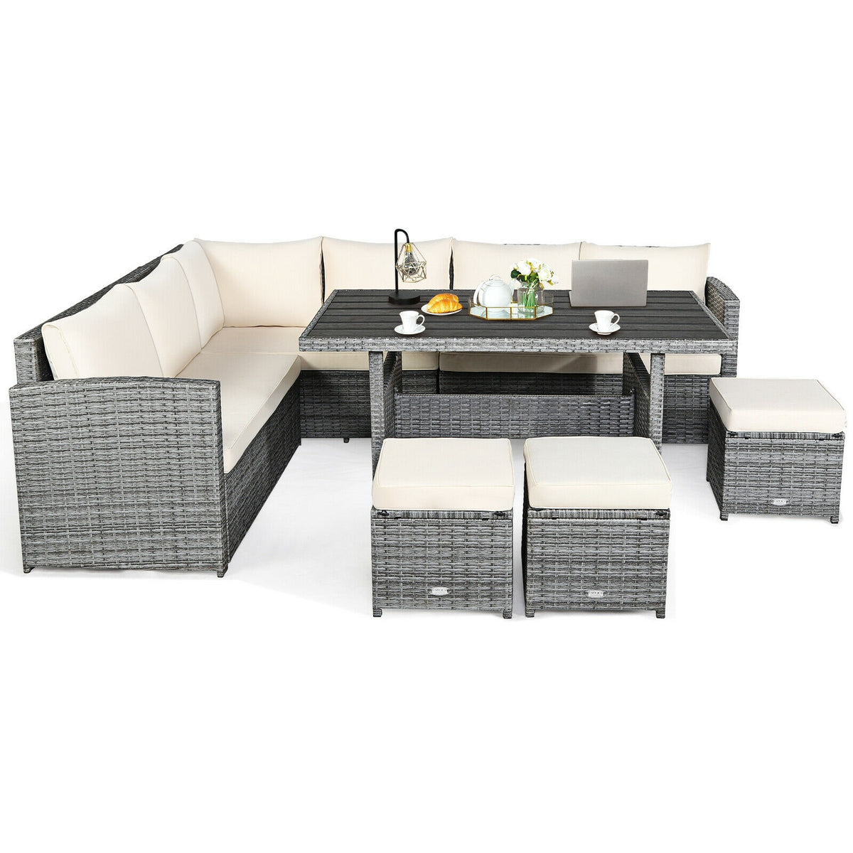 7-Piece Outdoor Wicker Sectional Sofa Set with Dining Table - Beige