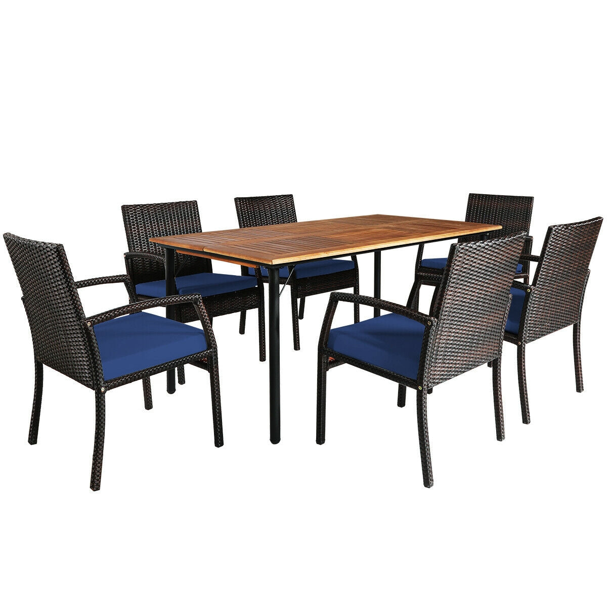 7-Piece Patio Wicker Dining Set with Acacia Wood Table & Cushions - Style 3