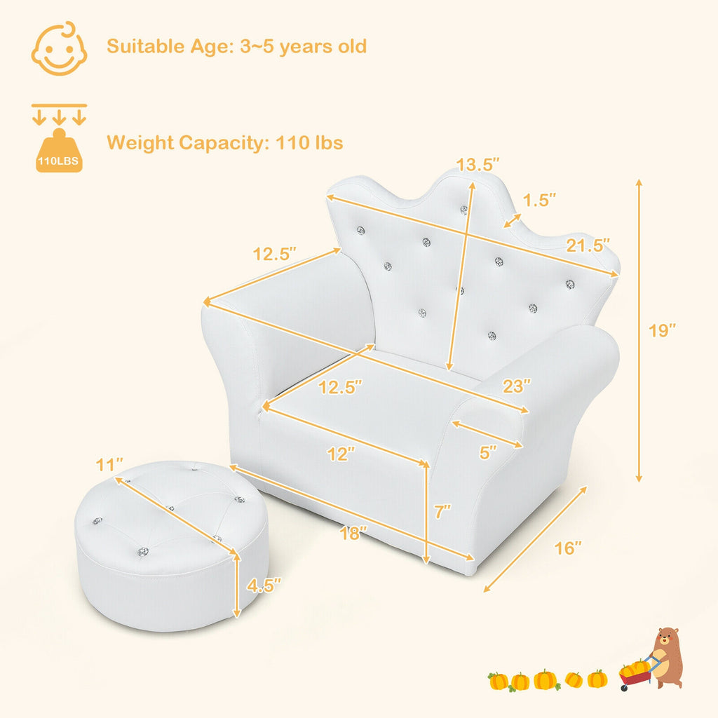 Children Upholstered Princess Sofa with Ottoman - White, Safe & Comfortable
