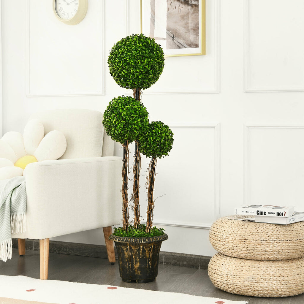 4 Feet Artificial UV-Resistant Topiary Triple Ball Tree Plant - Costway