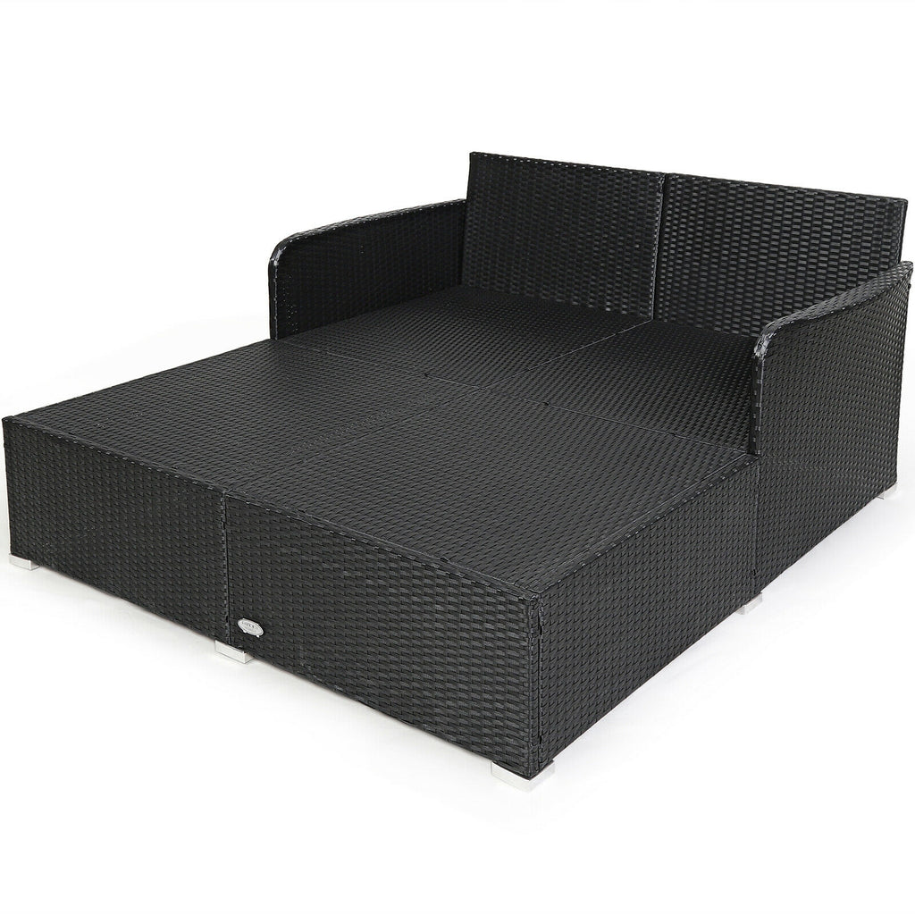 Spacious Outdoor Rattan Daybed with Upholstered Cushions and Pillows