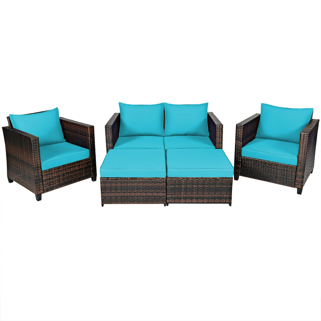 5-Piece Patio Rattan Furniture Set with Cushions - Turquoise