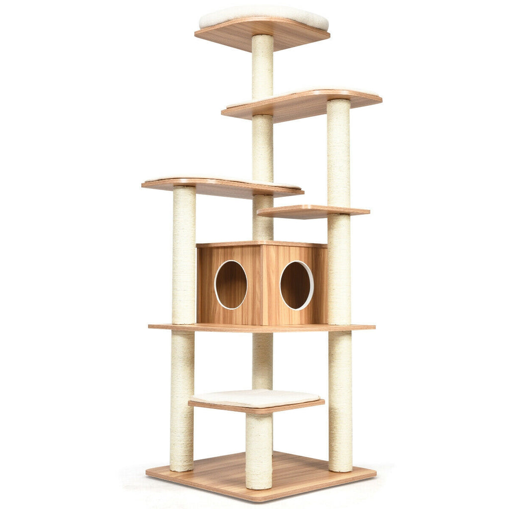 7-Layer Wooden Cat Tree Tower with Sisal Posts & Condo - Natural Finish