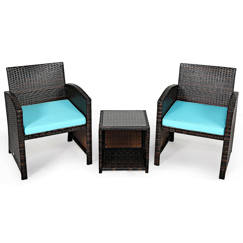 3 Pieces PE Rattan Wicker Furniture Set with Cushion Sofa Coffee