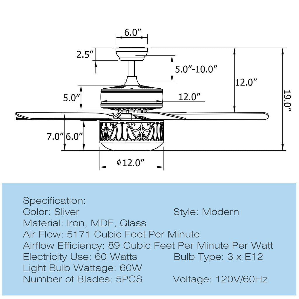 52-Inch Ceiling Fan with Light Reversible Blades and Remote Control - Silver